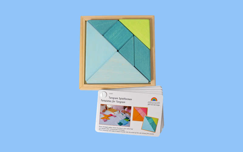 Grimms Tangram Legespiel aus Holz in Türkis | Das Geduldspiel aus dem alten China neu interpretiert als formschönes Holzpuzzle (inkl. Vorlagenheft)