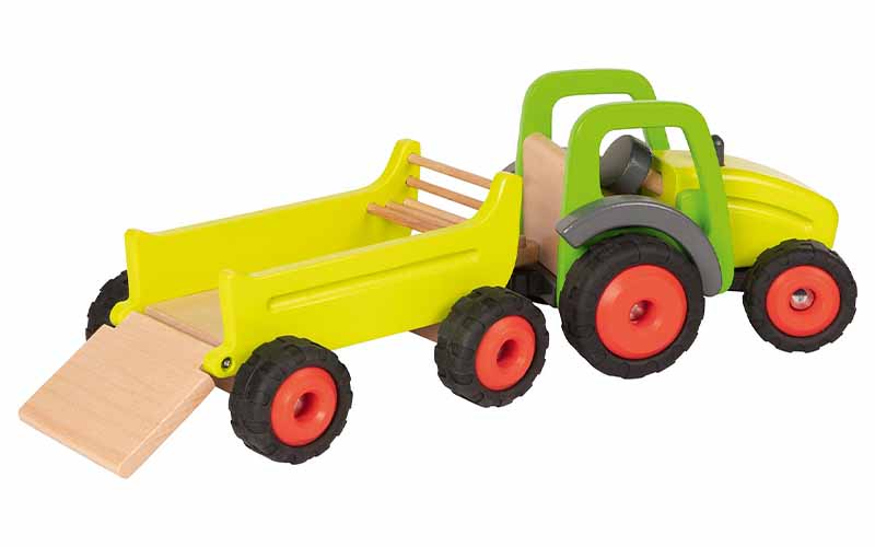 Goki Holztraktor mit Anhänger | Holzspielzeug Trecker für Kinder ab 3 Jahren